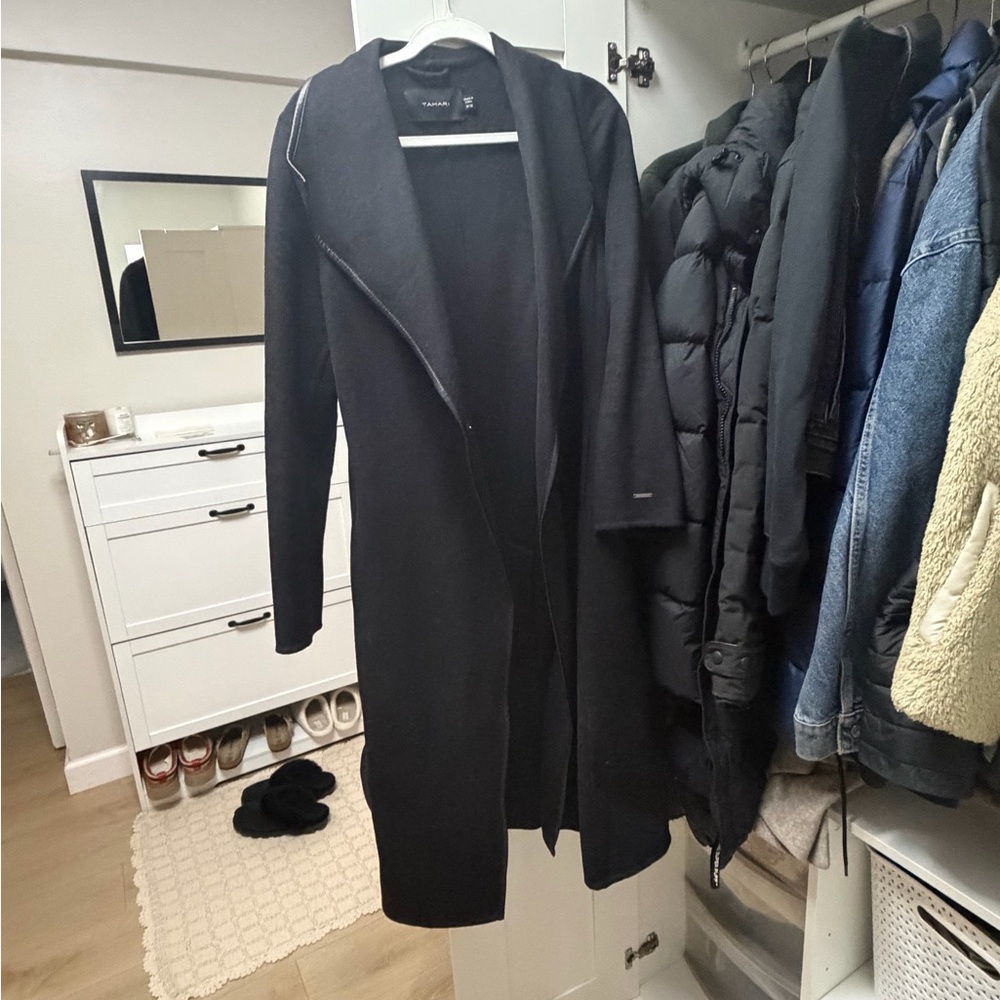 Tahari Elegant Black Pea Coat with leather trim